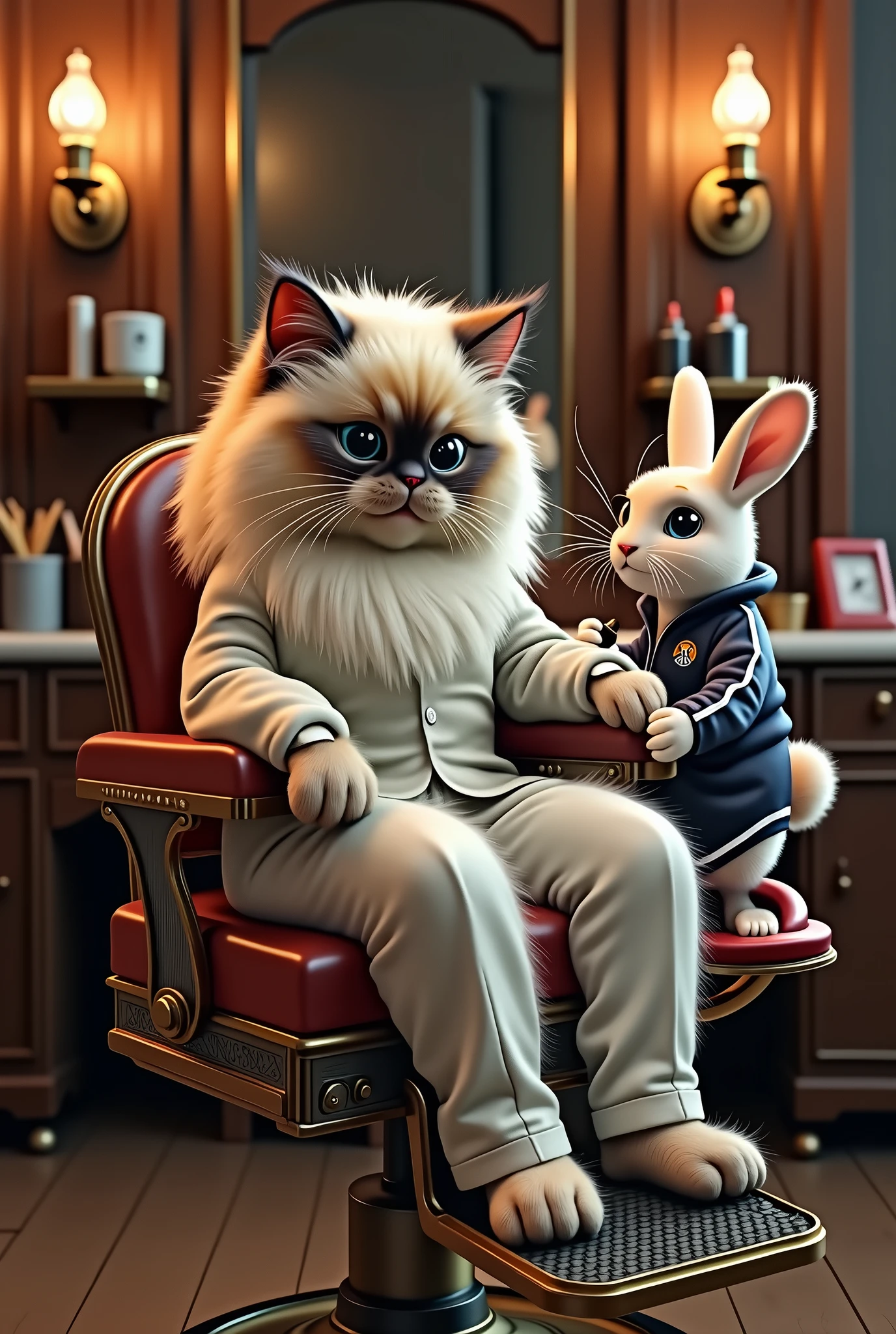 Himalayan cat hairdresser in hairdresser suit styling her hair on luxury chair in rich barber shop Rabbit in tracksuit Realistic and realistic, high definition details and full picture like real