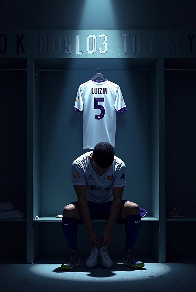 Make an image of ONE player tying his boots alone, with lights completely obscuring his face and him with short black hair, the locker room is dark and the spotlights are shining on him and the Galados City team, uniform in white and purple colors and I want you to put a shirt behind and on top of it with the number 5 and the name LUIZIN. Make your surroundings completely dark. LET HIM keep his head completely down and focused, and I just want 1 shirt behind him. put the team name “Galados City” on a sign above the shirt and below the spotlight. let him sit on a bench. put on just 1 shirt and that shirt will be above it, on a coat rack and below the sign “Galados City”. the shirt above him in purple and white. put the player on his back and looking at his shirt fully focused, make him with medium dark skin and black features and straight hair. PUT IT FACING THE SHIRT AND LOOKING AT THE SHIRT ON THE HANGER and looking focused