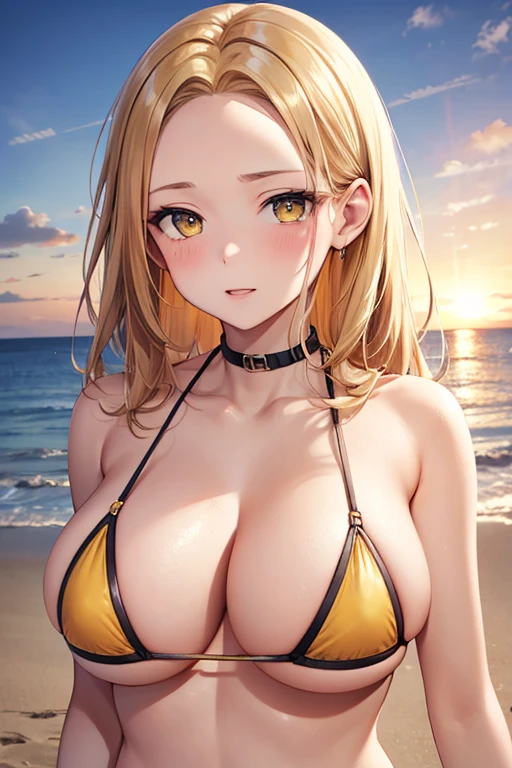 One Woman, Highest quality, masterpiece, Super Resolution, super high quality, Large Breasts, Idol, Beauty, ((From the front 1.2)), Cleavage, 8k, High resolution eyes, High-resolution contours, ((Forehead visible 1.3)), Stylish, High-resolution pupils, blush, High resolution face, High resolution breasts, Ultra HD, Open your mouth, Upper Body, High resolution mouth, Sexy body, ((coolな顔1.2)), ((Hanging 1.2)), Broken bangs, Yellow Eyes, model, Mature Woman, Adult women, Beautiful clavicle, High resolution hair, Mother, maternal, Married Woman, couple, super beautiful, Charm, Alluring, Blonde, Textured skin, Textured Breasts, Micro Bikini, Underboob, Sideboob, Beach, sunset, cool, Adult face,