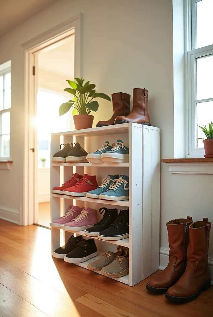 A wooden pallet repurposed as a simple shoe rack, painted in a bright white color. The pallet is placed in a well-lit entryway, against a light-colored wall. The shoe rack holds a variety of neatly arranged shoes, including sneakers and boots, with a small potted plant on top for decoration. Natural light streams through a nearby window, casting a warm glow on the scene, and creating a bright and inviting atmosphere with high contrast between the white pallet and the colorful shoes.