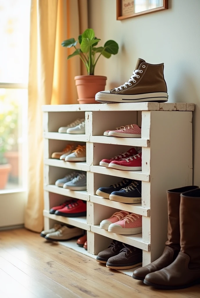 A wooden pallet repurposed as a simple shoe rack, painted in a bright white color. The pallet is placed in a well-lit entryway, against a light-colored wall. The shoe rack holds a variety of neatly arranged shoes, including sneakers and boots, with a small potted plant on top for decoration. Natural light streams through a nearby window, casting a warm glow on the scene, and creating a bright and inviting atmosphere with high contrast between the white pallet and the colorful shoes.