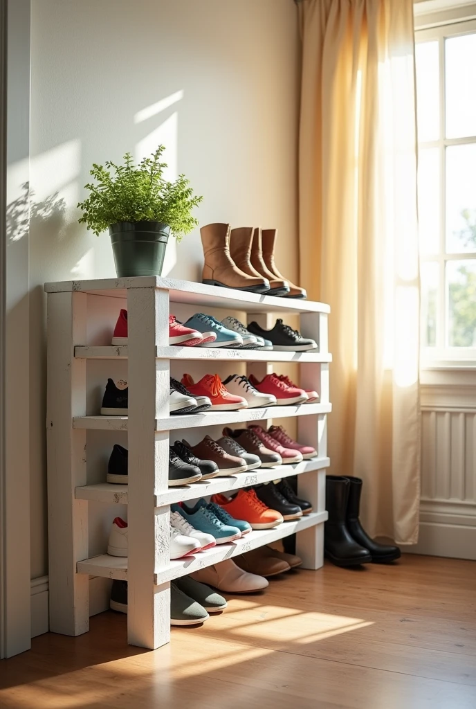 A wooden pallet repurposed as a simple shoe rack, painted in a bright white color. The pallet is placed in a well-lit entryway, against a light-colored wall. The shoe rack holds a variety of neatly arranged shoes, including sneakers and boots, with a small potted plant on top for decoration. Natural light streams through a nearby window, casting a warm glow on the scene, and creating a bright and inviting atmosphere with high contrast between the white pallet and the colorful shoes.