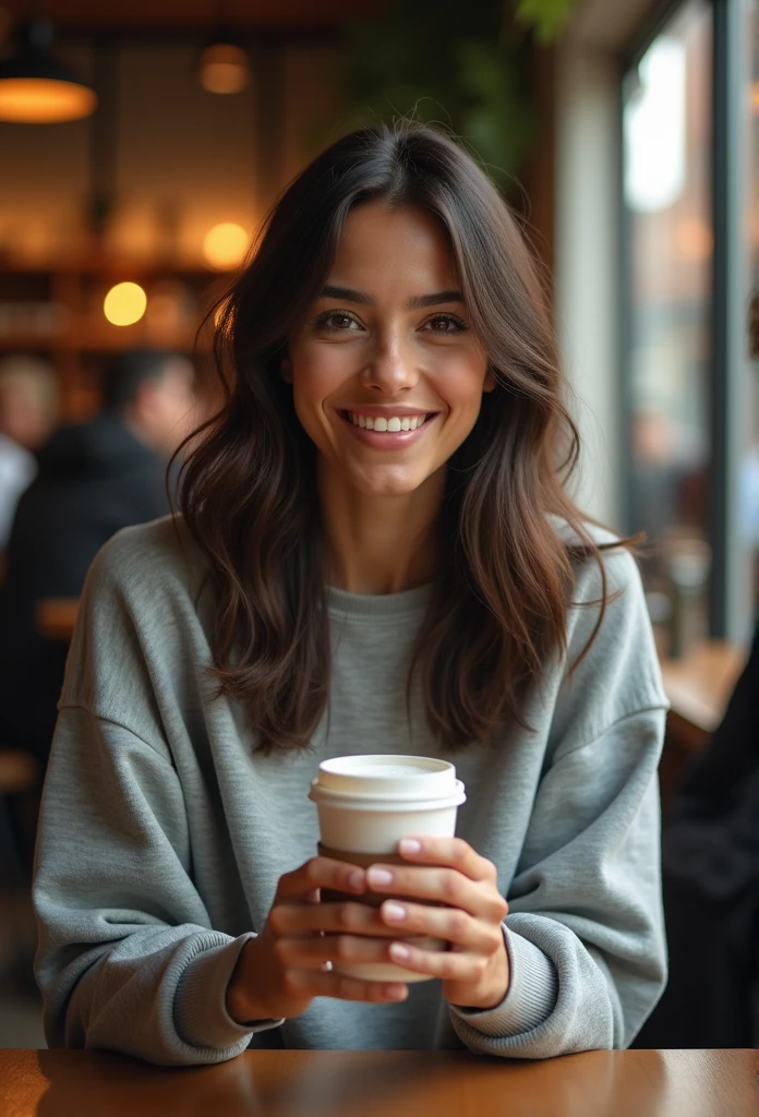 Gorgeous 20 year old girl, with straight hair, Poil long, brown-hair, Brown eyes, métis, generous chest, tenant dans sa main café, dans un starbucks, realistic, smiling, habillé avec un sweat oversize gris, espagnole, with other people, assise