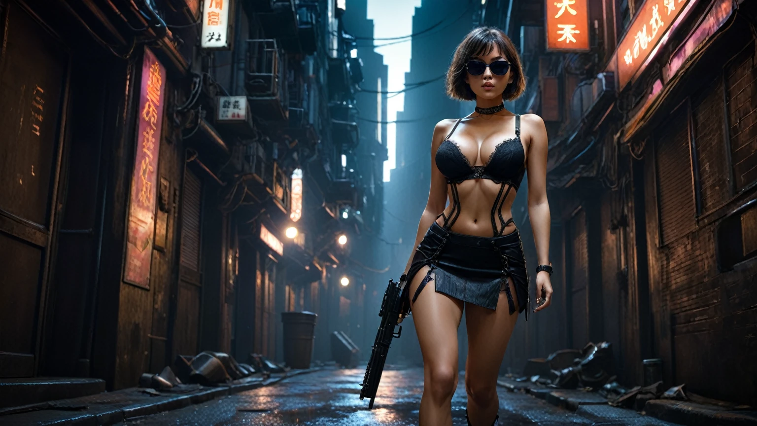 Blade Runner inspired surreal dark cyberpunk city alley as background, (low angle view), at dark night. (1girl, solo, alone), medium-breast slim:0.6 body, oval:0.5 face, cleavage:1.1, sexy black laced bra, miniskirt, white laced panty, coat, (black micro sunglasses), (holding a short gun), (slightly leaning forward running pose), half-body thigh level medium shot, cinematic lighting, ray tracing.
