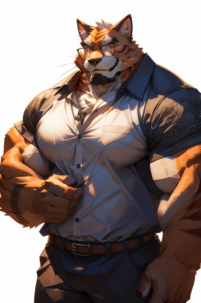 1boy, 1man, solo, a (furry orange cat) standing, (face, detailed face, glasses), white background , front view, massive muscular , sixpack, (shirt), well-muscled old man. ((thick arms, huge pec, huge arms)), wide smiling. Add textures and details to make the image more realistic, such as the appearance of the. Make sure the resulting image is high resolution, 8K quality