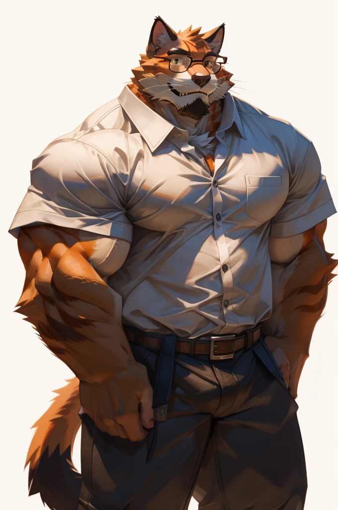 1boy, 1man, solo, a (furry orange cat) standing, (face, detailed face, glasses), white background , front view, massive muscular , sixpack, (shirt), well-muscled old man. ((thick arms, huge pec, huge arms)), wide smiling. Add textures and details to make the image more realistic, such as the appearance of the. Make sure the resulting image is high resolution, 8K quality
