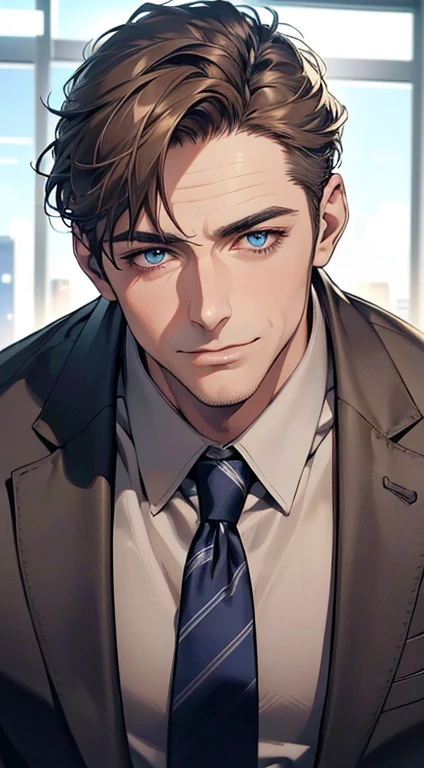 (best quality,4k,8k,highres,masterpiece:1.2),ultra-detailed,(realistic,photorealistic,photo-realistic:1.37),1 man,3,mature man,very handsome,without expression,smile,short grey brown hair,blue eyes,penetrating gaze,perfect face without errors,imposing posture,businessman,office background,cinematic lighting,hdr image