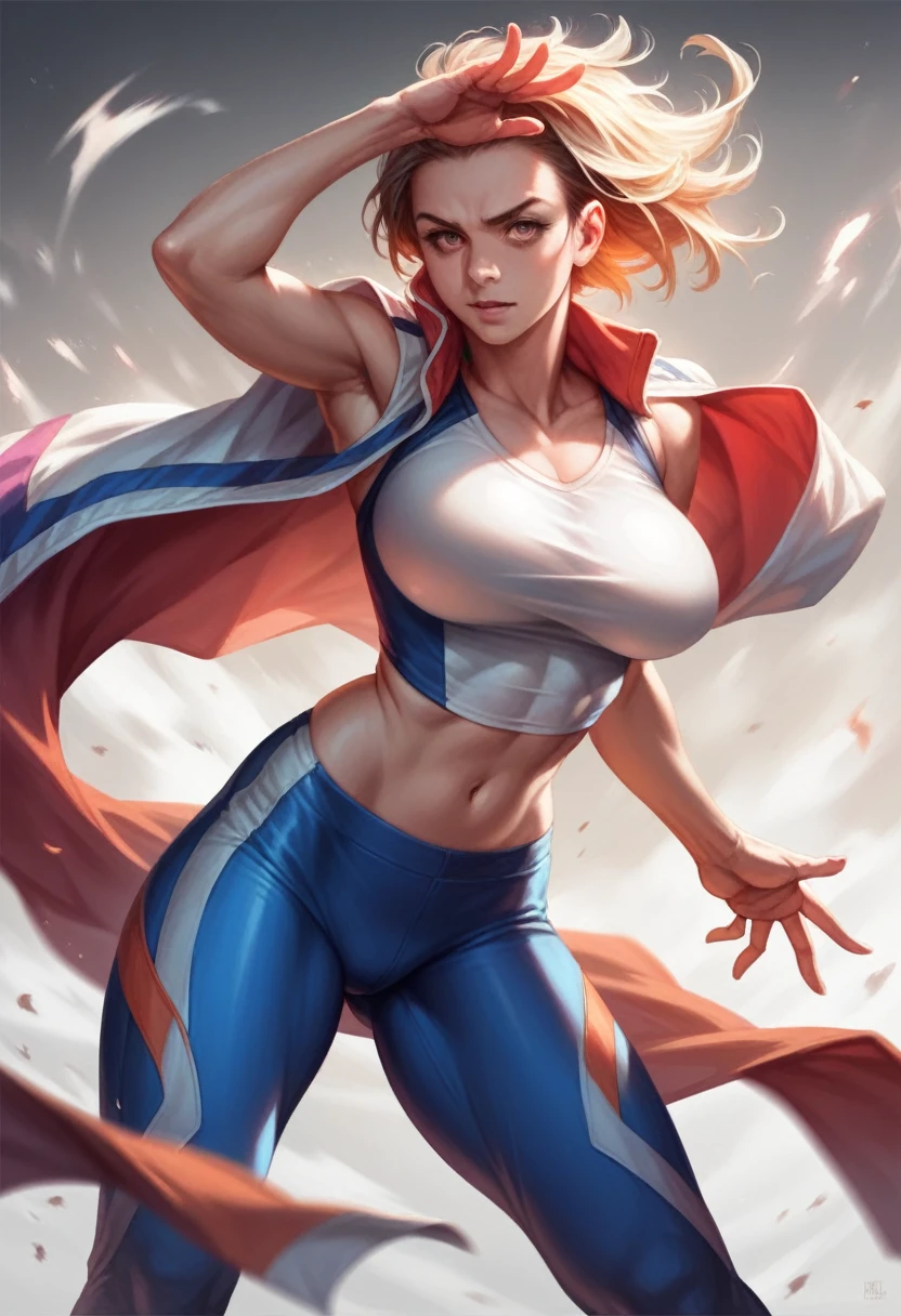 A woman racing, extremely detailed, tight fitting clothes, loose top, large breasts, detailed facial features, athletic body, motion blur, dynamic pose, hyperrealistic, 8k, photorealistic, dramatic lighting, cinematic, vibrant colors