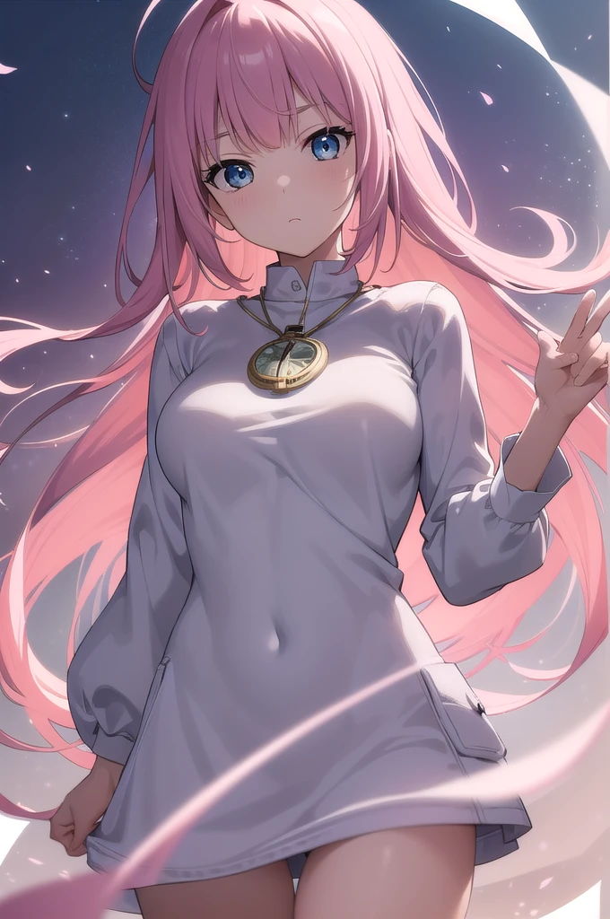 (masterpiece), (Best Quality: 1.0), (ultra high resolution: 1.0), (1 paper girl), (Best Quality, 4k, 8k, masterpiece: 1.2), 2.5D, pink hair, His pose is relaxed but with a dominant attitude, blur background and bokeh with soft colors, hypnotic background, hypnotic eyes, moving pocket watch, Look at the viewer