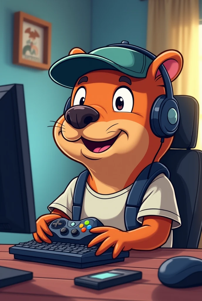 cartoon capybara with mustache playing video game in t-shirt, cap and headphones