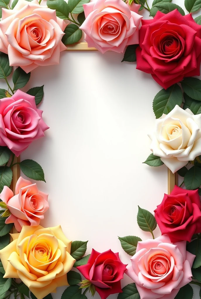 Many roses of different colors in a frame with a blank space for a title