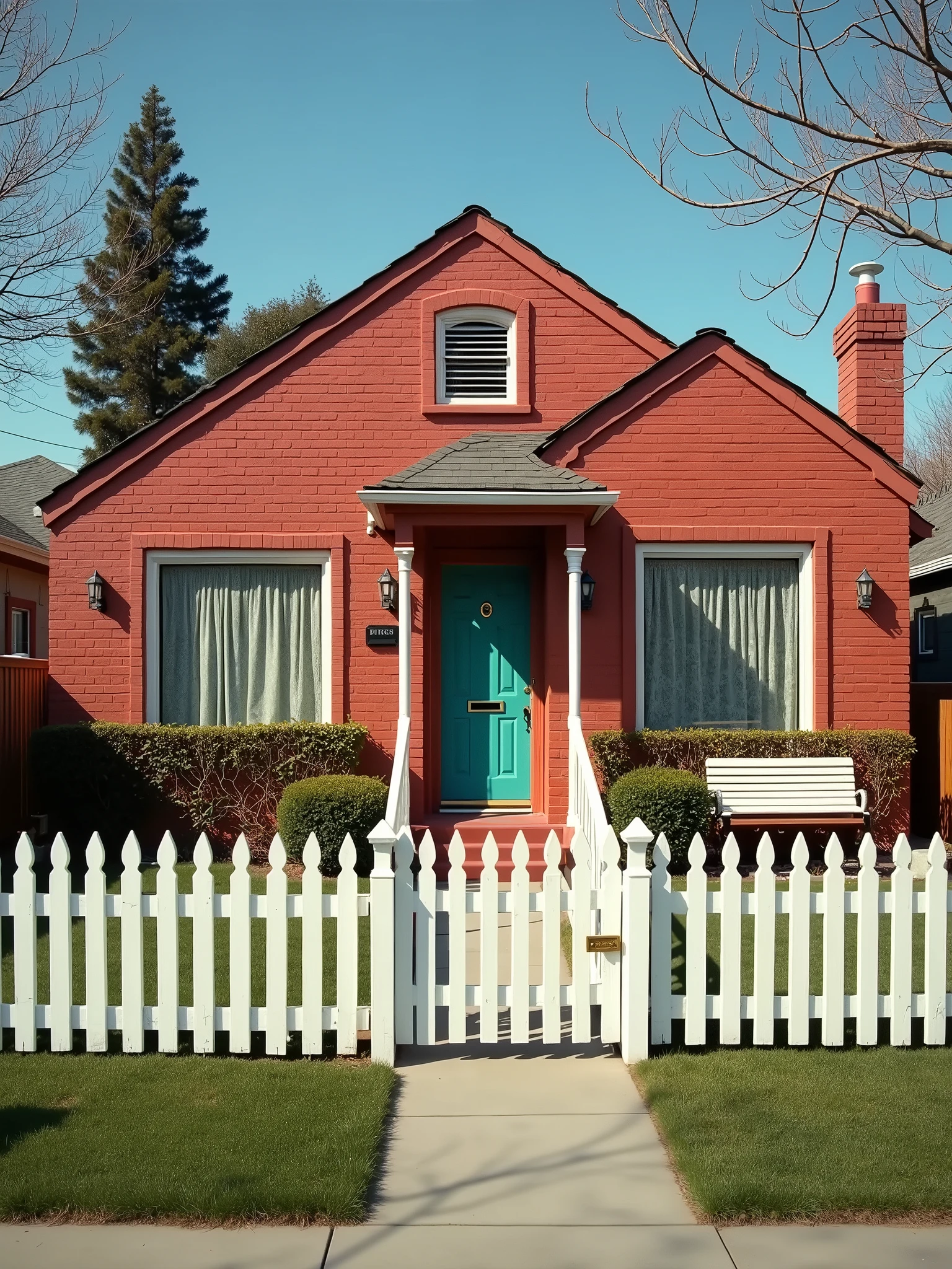 A classic 1980s suburban home in Los Angeles, ideal for a sitcom setting. The house has a warm, inviting feel with a red brick exterior, a well-manicured front lawn, and a white picket fence. The facade features large, white-framed windows with curtains, and a front porch with a wooden swing. The front door is painted a bright color, like teal or red, with a brass knocker. Inside, the living room is cozy with plush furniture, wood-paneled walls, and a retro TV set. The kitchen has colorful linoleum flooring, wooden cabinets, and vintage appliances, with a small dining area nearby. The home feels lively, with family photos on the walls, a mix of patterned wallpapers, and hints of the era’s bold colors. The backyard includes a small patio, perfect for BBQs, and a swing set for kids. The overall vibe is nostalgic and welcoming, perfect for a family-centered sitcom.