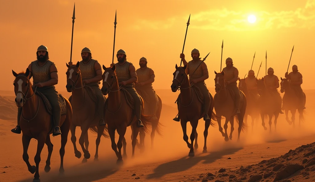A biblical scene set in an arid desert, depicting three groups of Chaldean warriors on horseback, wearing ancient armor, attacking a caravan of camels. The Chaldeans are wielding swords, striking down the servants who try to defend the camels. The camels, burdened with goods, are being seized and led away by the attackers. The atmosphere is tense, with the setting sun casting an eerie orange glow over the scene, reflecting the devastation and loss as described in the story of Job.