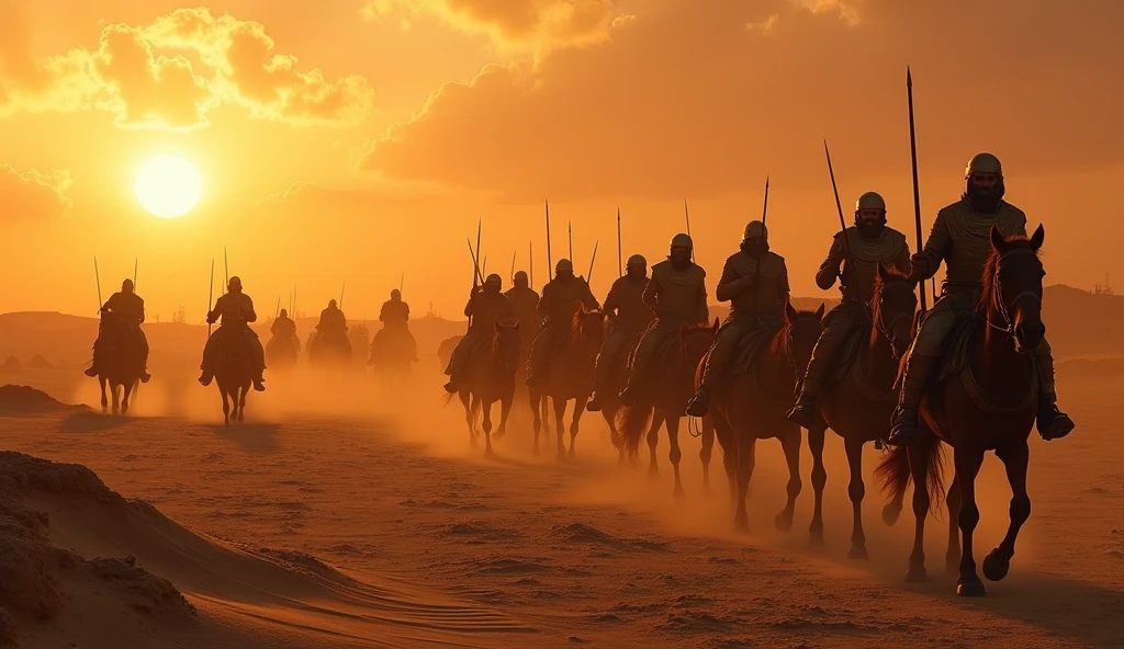 A biblical scene set in an arid desert, depicting three groups of Chaldean warriors on horseback, wearing ancient armor, attacking a caravan of camels. The Chaldeans are wielding swords, striking down the servants who try to defend the camels. The camels, burdened with goods, are being seized and led away by the attackers. The atmosphere is tense, with the setting sun casting an eerie orange glow over the scene, reflecting the devastation and loss as described in the story of Job.