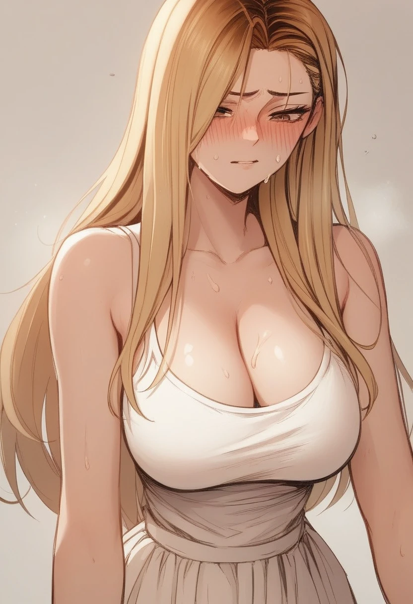 Large breasts、Cleavage、blush、Sweat、In the heat、Hi、he, Brown eyes, Blonde, Multicolored Hair, Long Hair, Are standing,、(The whole body is visible)、(White camisole dress)、Troubled face、Are Are standing、
{Highest quality}, {so beautiful}, {Very detailed}, {Best illustrations},