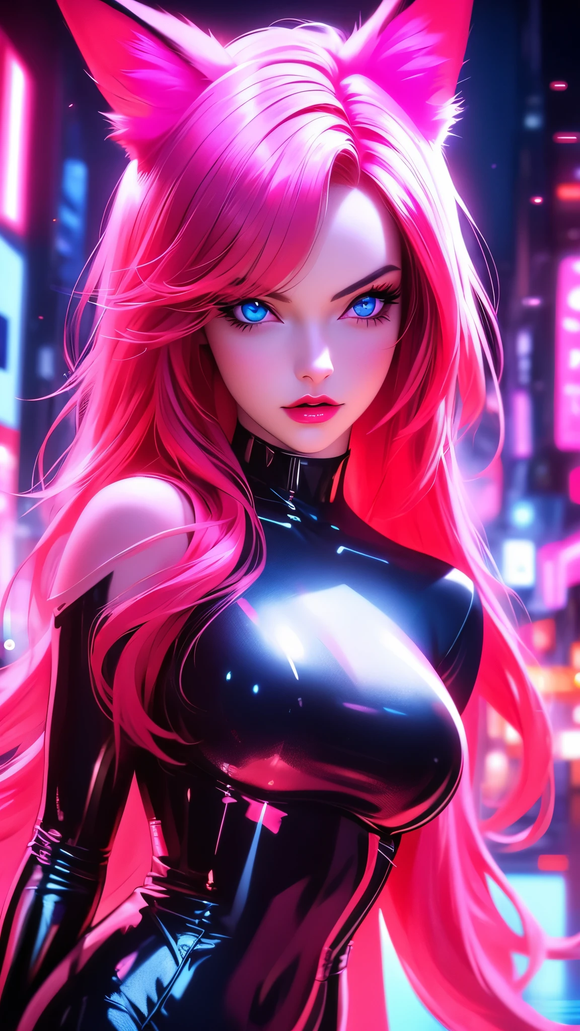 a girl with long red hair and cat or fox ears, looking directly at the viewer, solo portrait in a neon noir style, detailed blue eyes, full lips, large breasts, detailed facial features, complex hairstyle, dramatic blue, pink, purple neon lighting, cinematic composition, photorealistic, 8k, highly detailed, masterpiece