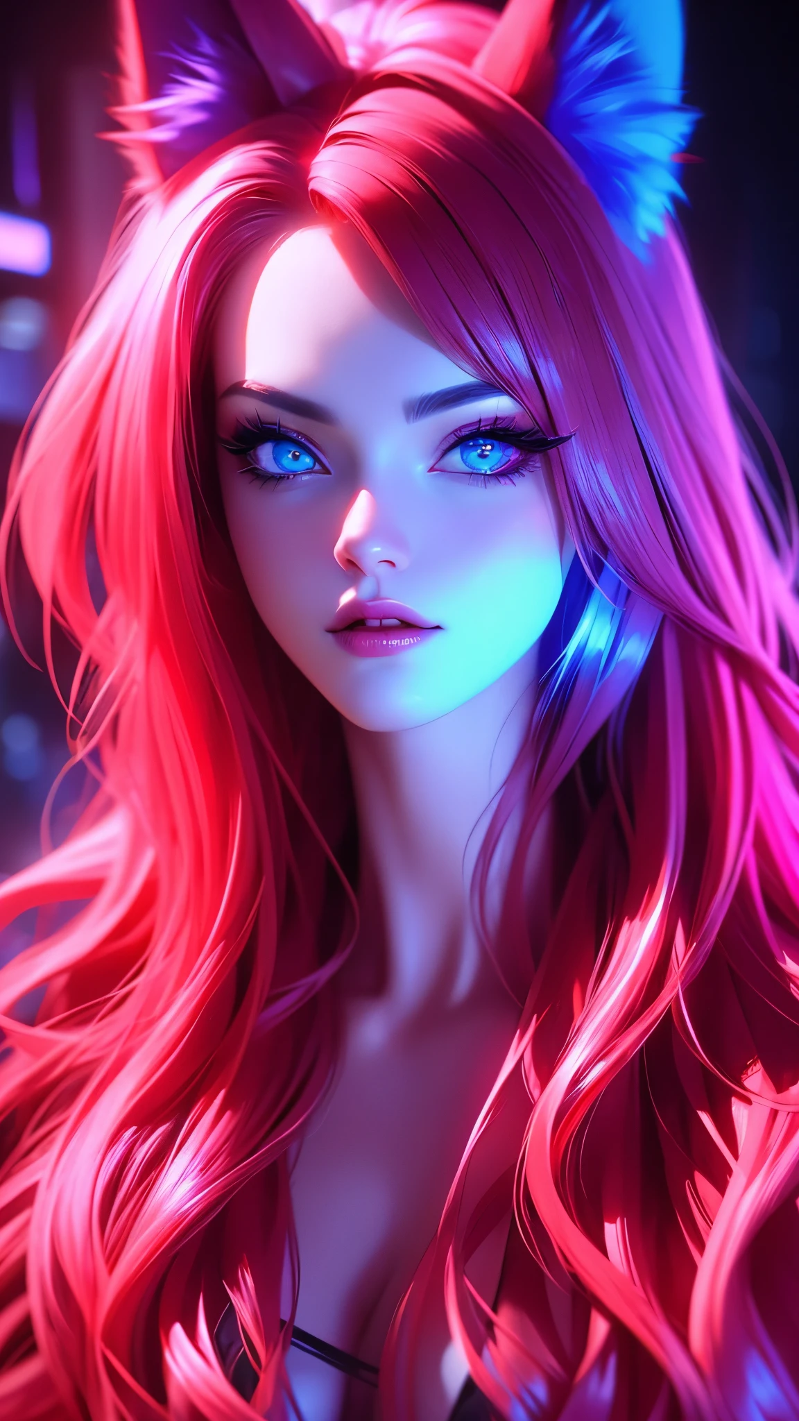 a girl with long red hair and cat or fox ears, looking directly at the viewer, solo portrait in a neon noir style, detailed blue eyes, full lips, large breasts, detailed facial features, complex hairstyle, dramatic blue, pink, purple neon lighting, cinematic composition, photorealistic, 8k, highly detailed, masterpiece