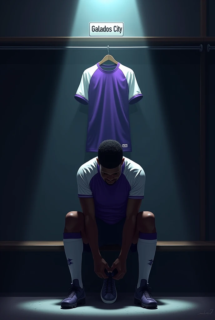Make an image of ONE player tying his boots alone, with lights completely obscuring his face and him with short black hair, the locker room is dark and the spotlights are shining on him and the Galados City team, uniform in white and purple colors and I want you to put a shirt behind and on top of it with the number 5 and the name LUIZIN. Make your surroundings completely dark. LET HIM keep his head completely down and focused, and I just want 1 shirt behind him. put the team name “Galados City” on a sign above the shirt and below the spotlight. let him sit on a bench. put on just 1 shirt and that shirt will be above it, on a coat rack and below the sign “Galados City”. the shirt above him in purple and white. put the player on his back and looking at his shirt fully focused, make him with medium dark skin and black features and straight hair. PUT HIM SITTING FACING THE SHIRT AND LOOKING AT THE SHIRT ON THE HANGER with a focused face