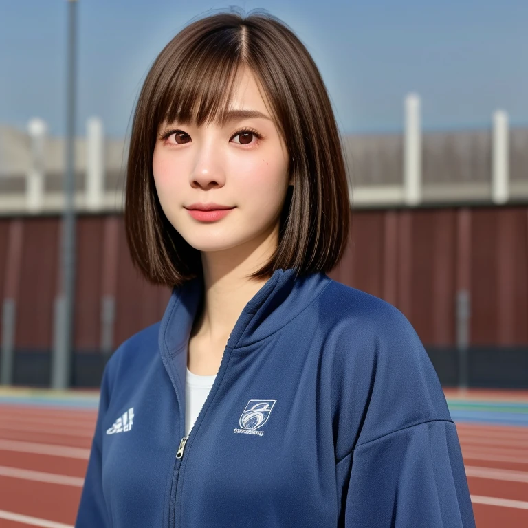 (kawaii 24 year-old Japanese girl, Nogizaka idol, Korean idol), healthy female athlete body, (glossy brown hair, short hair, pixie cut, bangs:1.3), (rounded face, beautiful black eyes, single eyelid, no makeup:1.2), (looking at away, empty eyes, sigh:1.3), (wearing light blue track jacket, sweat jogger pants:1.3), perfect shaped extra small breasts, BREAK, (track and field stadium background), (dynamic angle, bust shot:1.2), BREAK, (masterpiece, best quality, photo realistic, official art:1.4), (UHD, 8K quality wallpaper, high resolution, raw photo, golden ratio:1.3), (shiny skin), professional lighting, physically based rendering, award winning, (highly detailed skin, extremely detailed face and eyes), Carl Zeiss 85 mm F/1.4, depth of field, 1girl, solo,