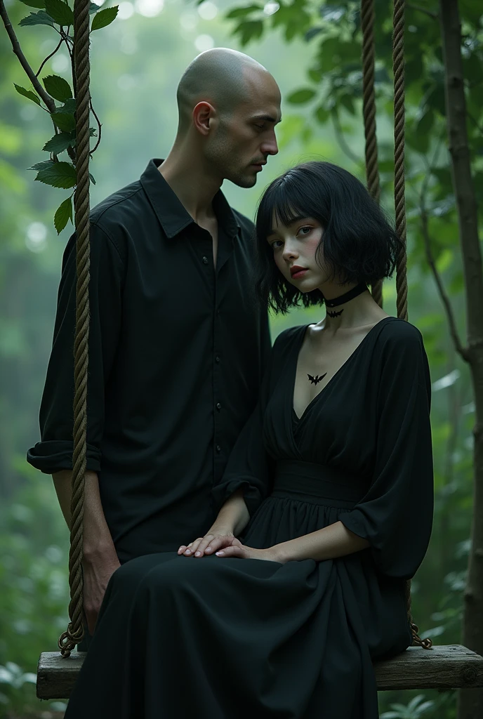 A young girl dressed in black, short black hair with a bat tattoo on her neck sitting on a swing in a backyard next to a handsome young bald man