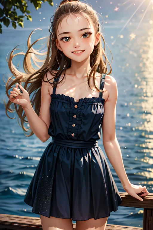 ((masterpiece,Highest quality, detailed)), Cowboy Shot，(One Girl:1.2)，alone，(Captivating smile:1.3)，Flat Chest，Are standing，View your audience，(Ocean:1.3)，(Starry Sky:1.3)，
