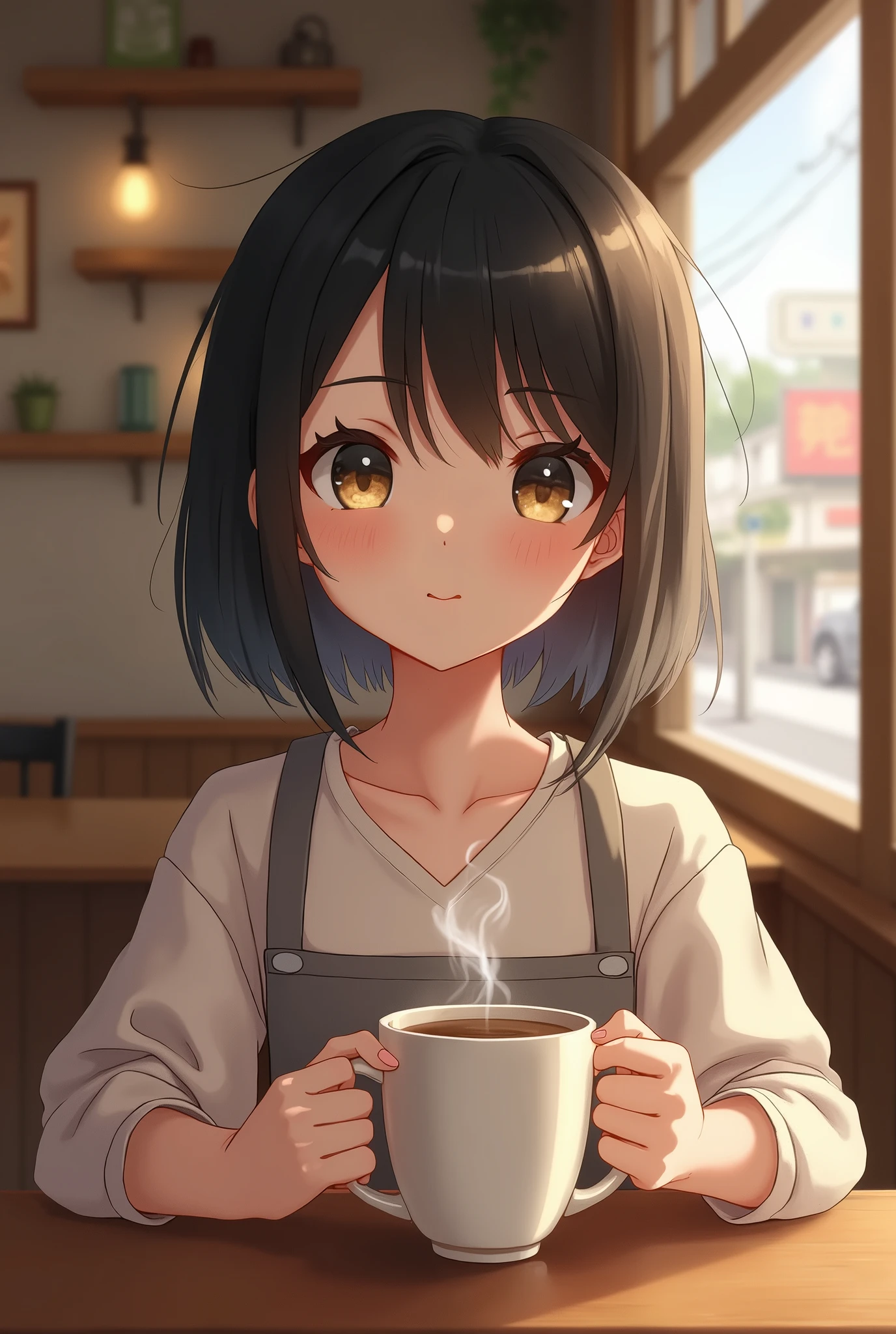 A profile picture of a cute Japanese girl drinking coffee in a cafe