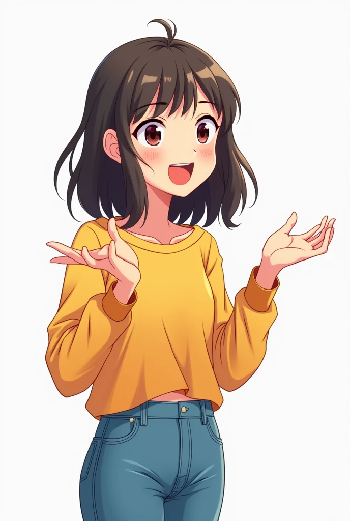 A girl standing, her body language is the body language of somebody talking, the girl is wearing a casual outfit, she has a light smile on her face, anime style, full body portrait