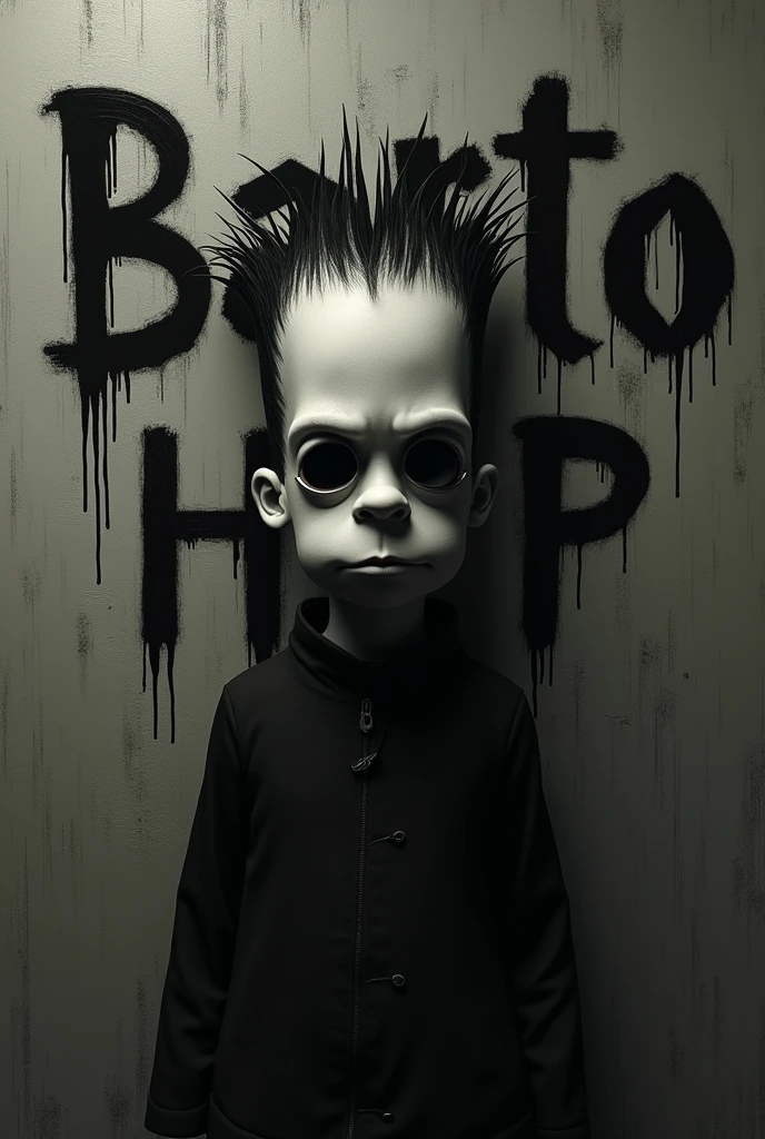Make me abart simsom with black eyes and on the wall that says barto hp