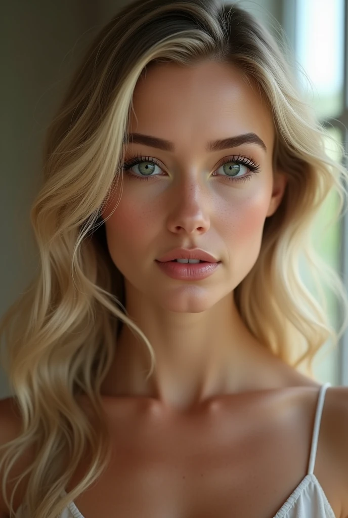 woman, 2, blonde, green eyes, perfect face, full mouth, 1.75 meters, medium rounded breast size, medium rounded buttock size, light skin, very realistic, 4k quality, like in real life, slim woman but well trained, very realistic woman