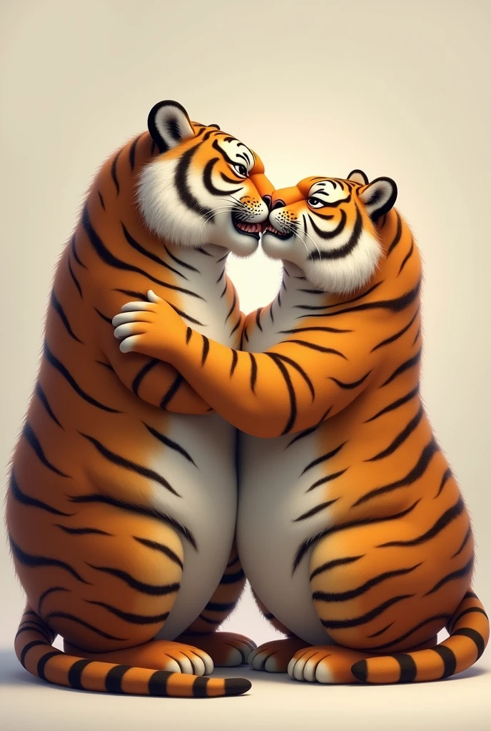 (by feralise, by taran fiddler) male, two tiger, two characters (a big tiger and a short tiger)(size difference), rubbing belly (touching belly:1.3), wearing spiked collar, showing off belly, athletic body ((correct anatomy:1.3)), round bloated belly (with some muscle), muscle gut, bulge, blue thong underwear, bedroom enviroment (bed)
