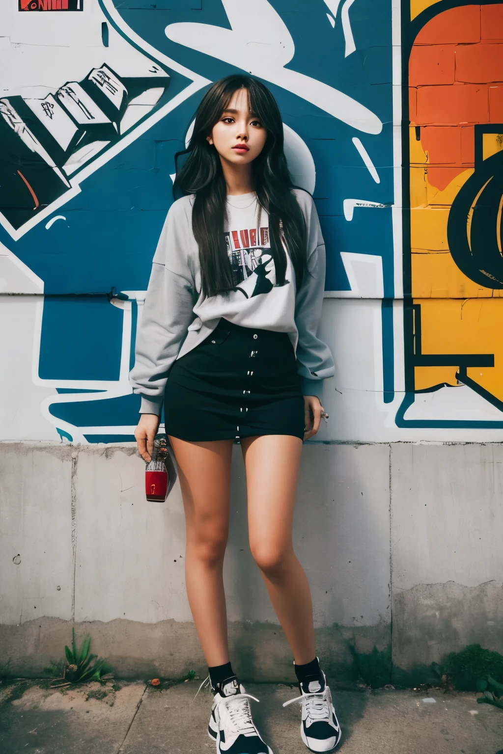 Big concrete wall、Slum-like atmosphere、hip hop、Graffiti on the wall、letter、A slim, stylish woman with long hair、I can&#39;t see your face because you&#39;re wearing a cap、stylish、Small breasts、Perfect Face、hat、