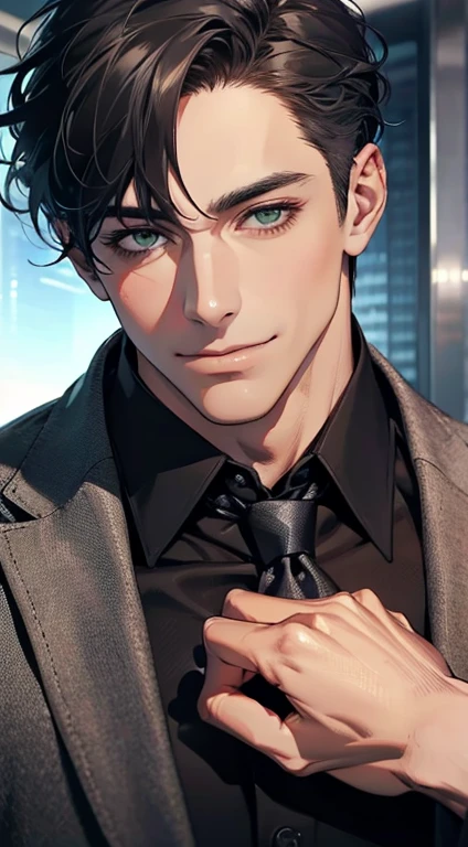 (Highest quality,4K,8K,High resolution,masterpiece:1.2),Super detailed,(Realistic,photoRealistic,photo-Realistic:1.37),1 personld,Mature Men,Beautiful skin、very handsome,Expressionless smile in love,Short gray black hair,green eyes,Sharp Eyes,A perfect face without a doubt,Businessman, CEO, Office Background,Cinema Lighting,HDR image,tie、