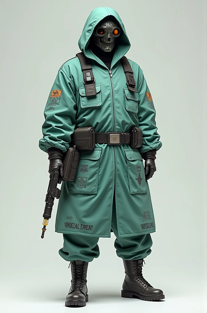 A doctor with a chameleon hood, military boots and pants, A  in a medical gown with an anime-style syringe gun 