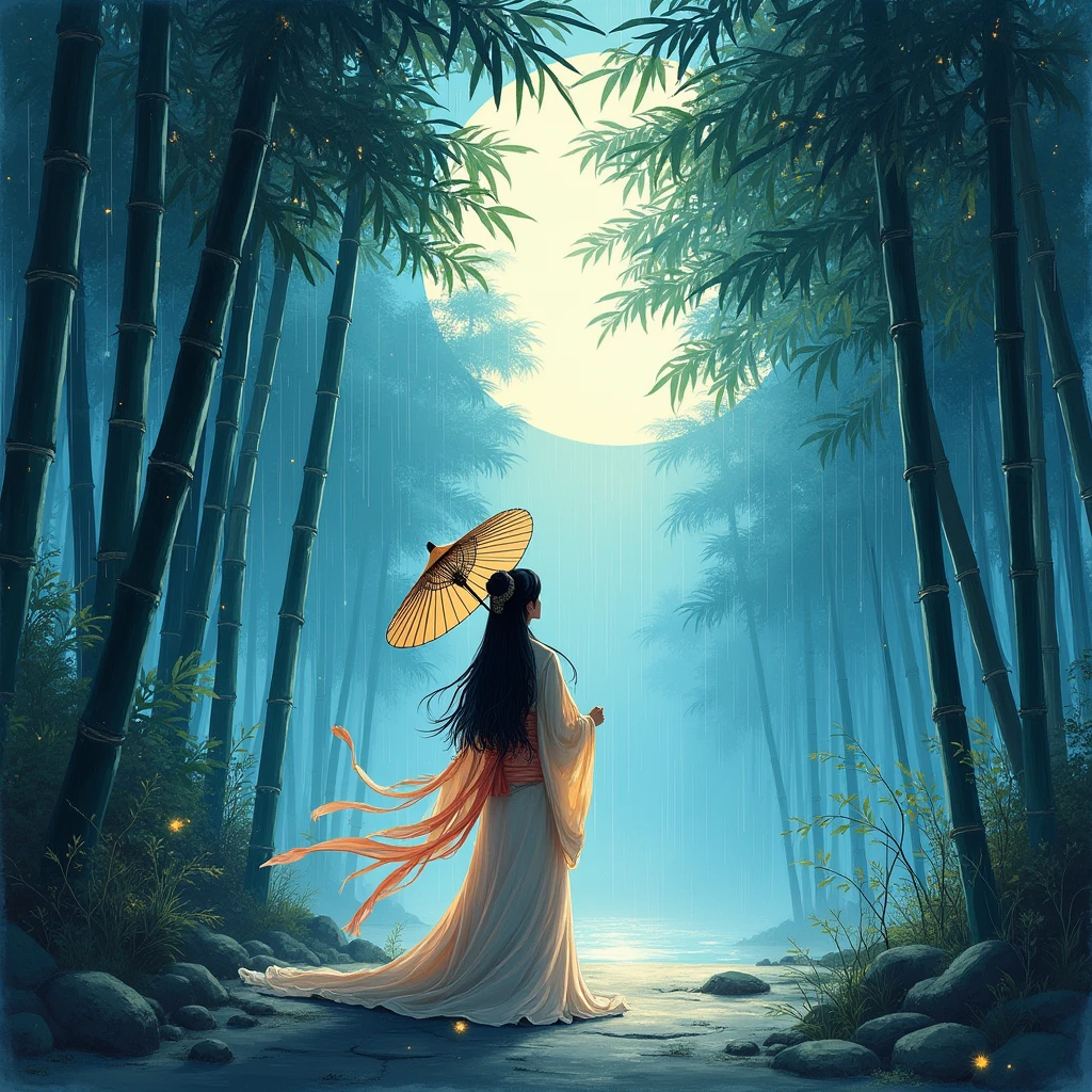 dynamic ink painting of a bamboo grove in Japan, great art, great sense of depth, ground level shooting, the most beautiful bamboo grove in the world, bamboo leaves shining through the rainwater, moonligh\(pale blue\) with a light mist, beautfull woman\(ancient japanese nobleman, beautiful kimono, beautiful long black hair\) looking up at the moonligh holding an umbrella,Raining softly, fireflies flying around, bamboo leaves are placed three-dimensionally in the foreground, long-range shooting,incolor,in Japan