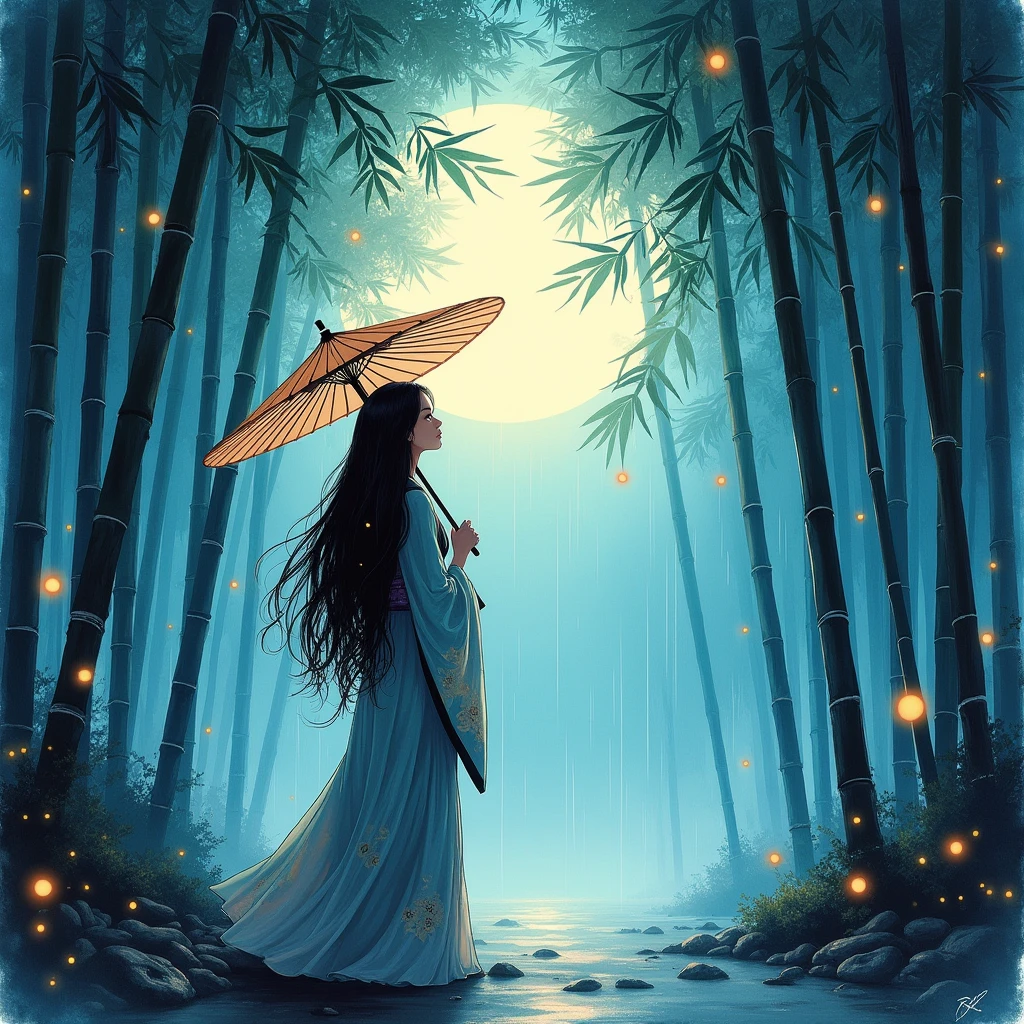 dynamic ink painting of a bamboo grove in Japan, great art, great sense of depth, ground level shooting, the most beautiful bamboo grove in the world, bamboo leaves shining through the rainwater, moonligh\(pale blue\) with a light mist, beautfull woman\(ancient japanese nobleman, beautiful kimono, beautiful long black hair\) looking up at the moonligh holding an umbrella,Raining softly, fireflies flying around, bamboo leaves are placed three-dimensionally in the foreground, long-range shooting,incolor,in Japan