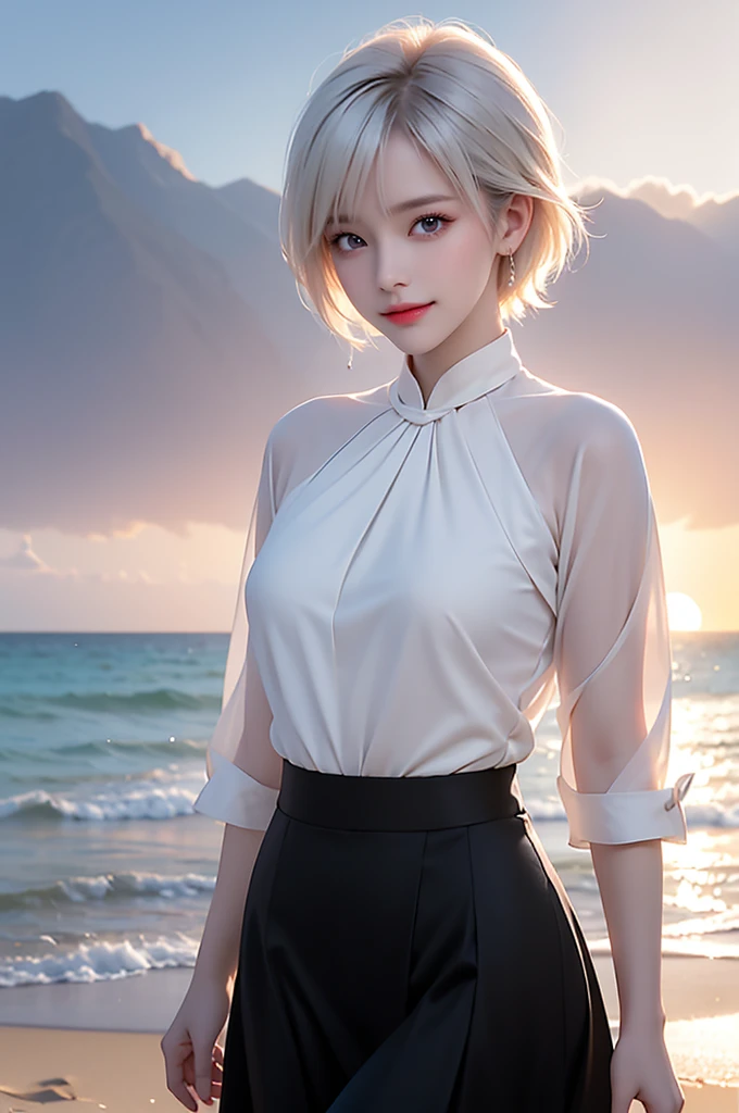 RAW PHOTO, 独奏, alone, Elegant mature woman, Pure white hair, Short Hair, bangs, Black tight skirt, blouse, Soft Light, high quality, 4K resolution, (walking alone on the beach:1.3), (summer sunset:1.2), smile, (upper body), active posing:1.1