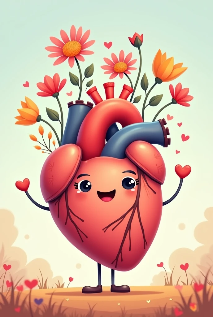 a cartoon human heart with flowers coming out of it