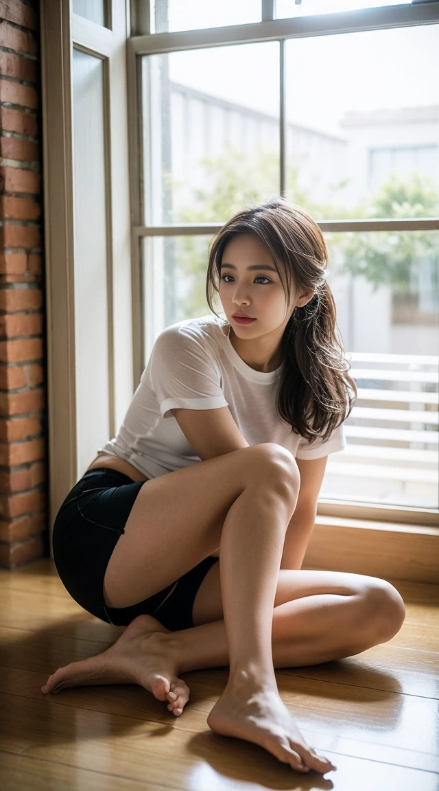 Dark brown hair、Light brown eyes、Japanese actress、 Lady、I am about 40 years old.............、(Intricate details:1.2)、 (Ultra-high resolution:1.2)、Ultra-high resolution、(Fine-tune)、(Detailed facial features)、Hmph、8k resolution、D cup size breasts、Long Hair、Bright terrace room with sunlight streaming in、Large windows、Extravagant space、relax、、,Full body photo、Head to toe shot、Beautiful feet、black Loose fit openwork T-shirt、Underwear shorts、Beautiful feet、Bright terrace room with sunlight streaming in、she, household items, (plant:0.8), Fashion Hub, Very detailed, Very detailed, Realistic, Hourglass Shaped Body, Obscene pose,、Messy Hair、Messy ponytail、Leaning against a wall、I cry a lot、tears、Skin is visible through the knit、White floor、White wall、A masterpiece of transparent painting、