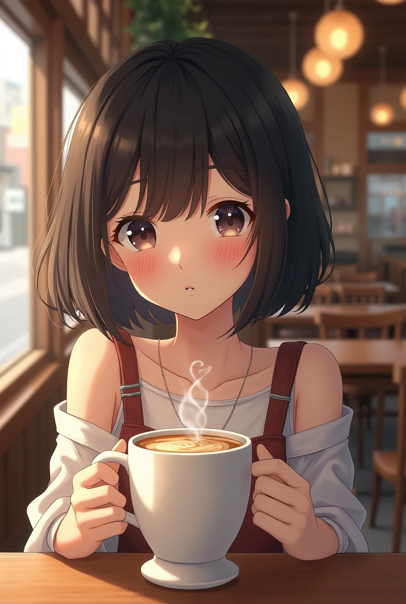 A profile picture of a cute Japanese girl drinking coffee in a cafe