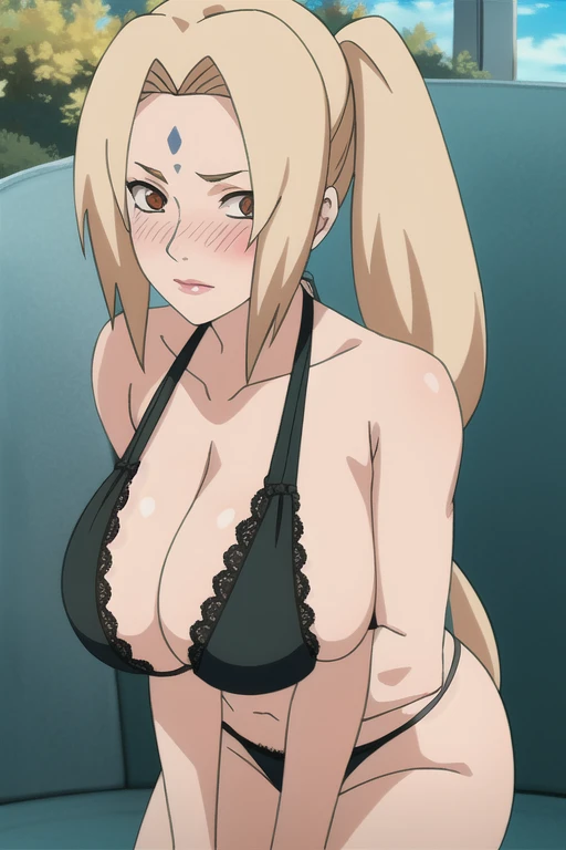 alone focus, alone, close, View your audience, (Lips parted:1.2), (sunlight, bright, sunlight:1.2),((Tsunade)), 1 person,((Tsunade milf physique)),(Forehead mark ), Long Hair, blonde,  eye,Hair Clip, eye, smile, from the front,Huge breasts,Thick thighs,((Sharp details High resolution body parts Perfect body parts )),(((blush、blush、Red Nose、blush、blush ))),(Sad expression),((1 person)),(alone), (Black lace lingerie), ((Front view)),((The distance between the viewers is long)),((Are standing))Beautiful white skin with a pinkish tint,4K,8k,16k, twin tails