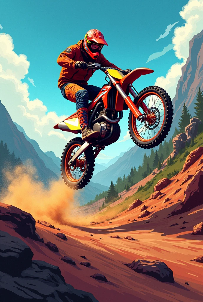 "Create a vibrant and dynamic image for a TikTok channel dedicated to motocross and trails. The image must capture the excitement and adventure of motocross in a trail environment.. Include a motorcyclist in action, jumping or performing impressive maneuvers on a dirt track or winding trail. The background should show an off-road landscape with vegetation, mountains or hills, and dust being kicked up to give a sense of speed and energy. Add motocross related graphics, like helmets, wheels, or tracks, and include the text 'Two Wheel Adventure' in a bold, sporty font. Use bright, contrasting colors to convey the intensity and excitement of the sport.