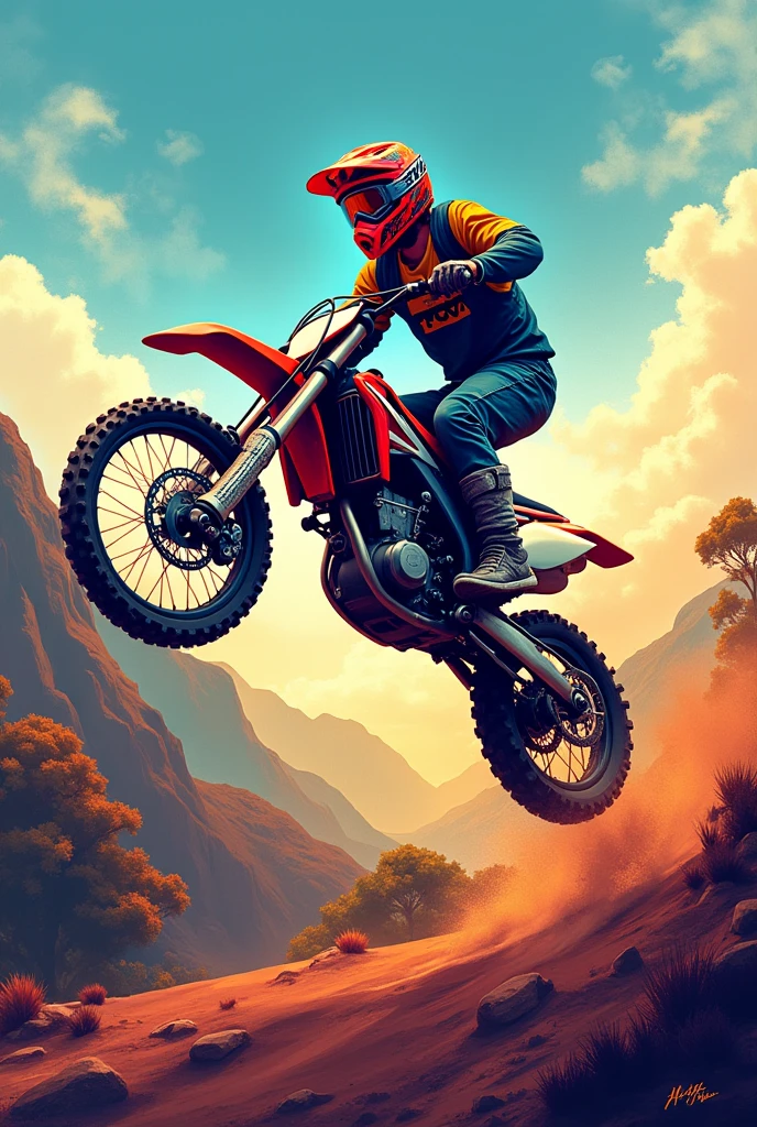 "Create a vibrant and dynamic image for a TikTok channel dedicated to motocross and trails. The image must capture the excitement and adventure of motocross in a trail environment.. Include a motorcyclist in action, jumping or performing impressive maneuvers on a dirt track or winding trail. The background should show an off-road landscape with vegetation, mountains or hills, and dust being kicked up to give a sense of speed and energy. Add motocross related graphics, like helmets, wheels, or tracks, and include the text &#39;Two Wheel Adventure&#39; in a bold, sporty font. Use bright, contrasting colors to convey the intensity and excitement of the sport.