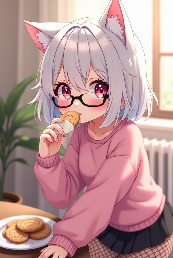 that she has a shy face that she has white hair, cat ears, black glasses, pink eyes, a super blushed pink sweatshirt, a low skirt, black shorts, black mesh stockings that she is a super reserved girl sitting eating cookies