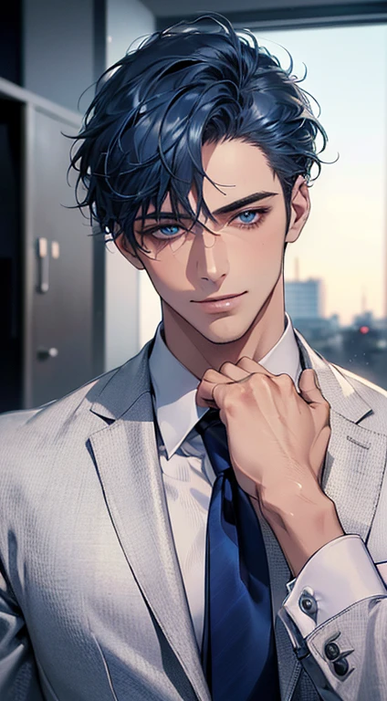 (Highest quality,4K,8K,High resolution,masterpiece:1.2),Super detailed,(Realistic,photoRealistic,photo-Realistic:1.37),1 personld,Mature Men,Beautiful skin、very handsome,Expressionless,smile,Short blue hair,blue eyes,Sharp Eyes,A perfect face without a doubt,Businessman,Office Background,Cinema Lighting,HDR image,tie、