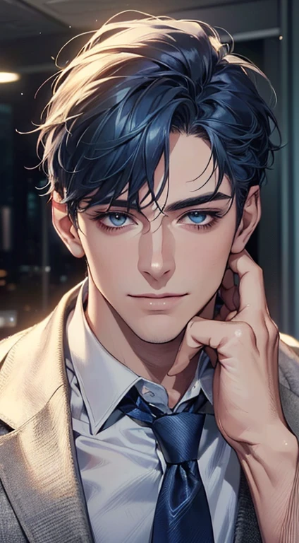 (Highest quality,4K,8K,High resolution,masterpiece:1.2),Super detailed,(Realistic,photoRealistic,photo-Realistic:1.37),1 personld,Mature Men,Beautiful skin、very handsome,Expressionless,smile,Short blue hair,blue eyes,Sharp Eyes,A perfect face without a doubt,Businessman,Office Background,Cinema Lighting,HDR image,tie、