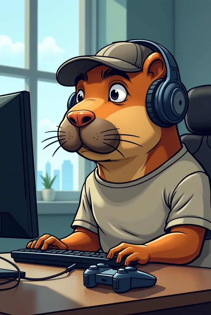 serious cartoon of a capybara with a mustache playing a video game in a t-shirt, cap and headphones