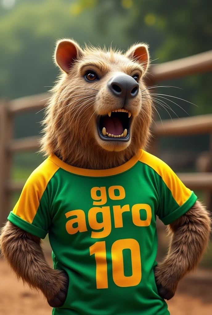 A sporting mascot of a stylish angry capybara wearing a green and yellow t-shirt that says " GO AGRO 10" with corral background