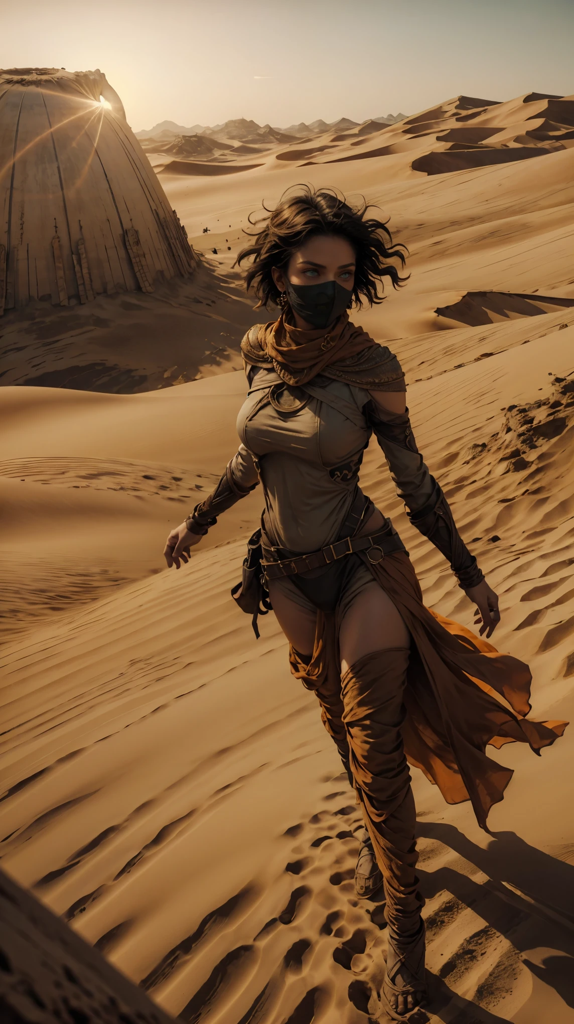 from above, high view shot, in the heart of a desert of Dune, a young sexy woman with a large and black haircut, desert tunic, white skin, sexy and tight desert clothes, brown, gold and sand, dunes, serious. In a desert sunset with a full orange sun, with worn desert tunic, black tattoos, sensual pose, desert metal face mask, creates an atmosphere of "Dune the movie", energy and sunset sun lights. ancestral alien buildings, good quality eyes, esmerald green eyes, ultra detailed, light effects, masterpiece, 4k, raytracing, 3/4 body, close-up, high view, particles and sand dust, intricate details, intricate body details, intricate face details.
