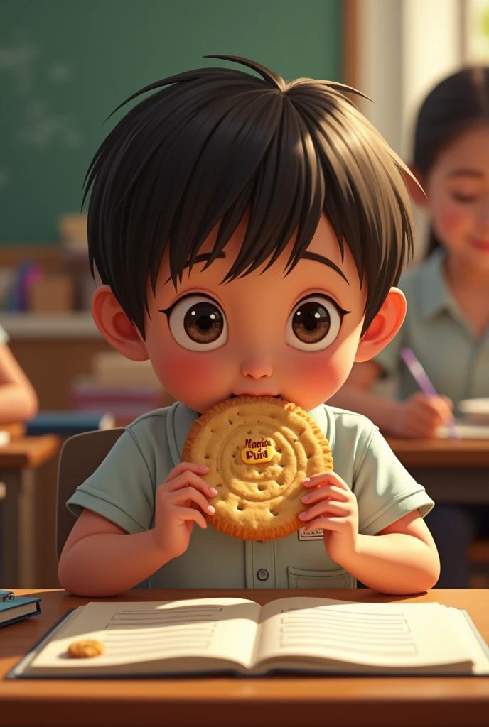 A child eating a thin cookie with holes that says Maria Puig sitting at a desk at school in the background has the logo of Venezuelan Puig cookies
