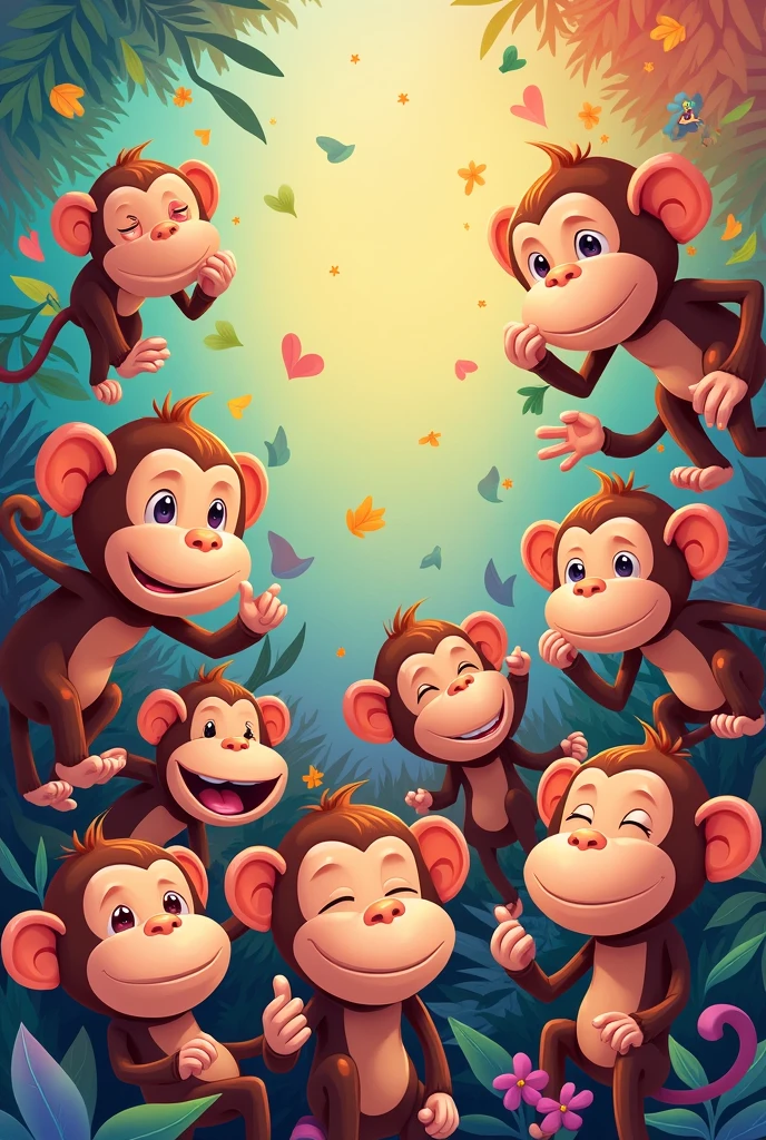 Make a background with this resolution 1920x1080 where in this background there are several memes of cute monkeys